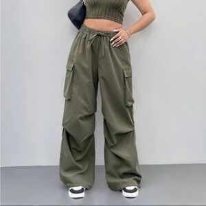Olive Green Wide Leg Baggy Cargo Pants Plus 2X High Waist Drawstring Streetwear